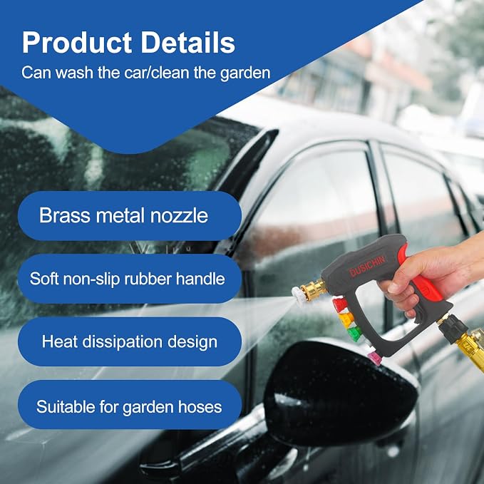 DUSICHIN Power Washer Gun Short Wand With Color-coded Tip Holder on Handle, 5 Tips Car Wash Spray Gun M22-14mm Inlet, High Pressure On Pressure Washers, Garden Hose Adapter for Low Pressure Use
