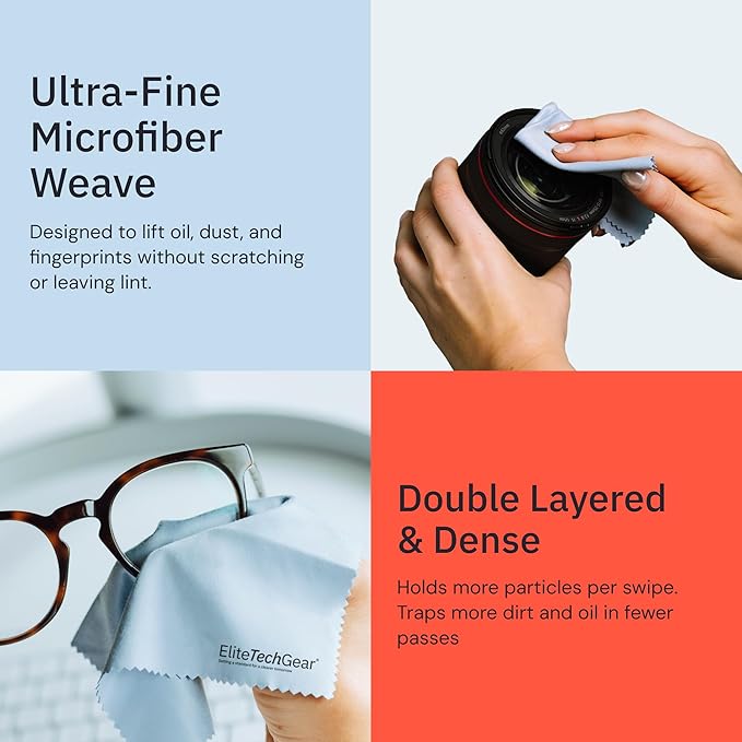 Elite Screens Microfiber Cleaning Cloth for Glasses - 12 x 12 in, Blue, 8-Pack - Lens & Screen Cleaning Cloth for Eyeglasses, Sunglasses & Electronics