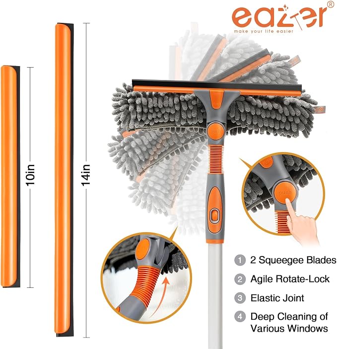 Eazer 65'' Squeegee Window Cleaner 2 in 1 Rotatable Window Cleaning Tool Kit with Telescopic Pole, Window Washing Equipment with Bendable Head for Indoor/Outdoor Window and Car Glass - EAW01 Pro