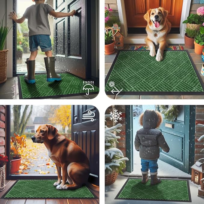Smiry Front Door Mat Outside Entrance, Heavy Duty Outdoor Indoor Natural Rubber Doormat, Non Slip, Trap Dirt and Moisture, Easy Clean, Low Profile Patio Porch Entryway Mat, 47x23, Green