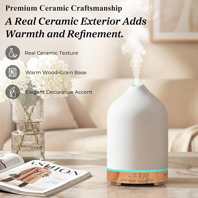 URPOWER 300mL Ceramic Essential Oil Diffuser Aromatherapy Diffuser for Home | Up to 10 Hrs High/Low Mist Settings Quiet Diffuser Humidifiers Ideal for Bedroom Living Room Office Scent Diffusion & Decor