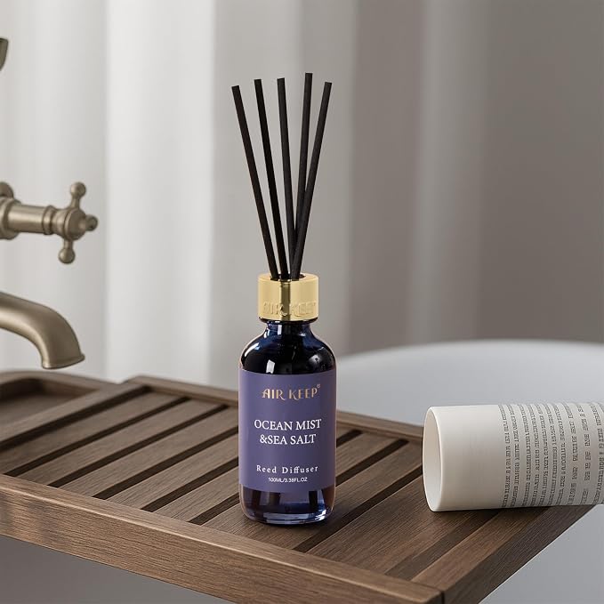 Reed Diffuser Set, 3.38 fl oz (100 ml) - Ocean Mist&Sea Salt Oil Diffusers with 8 Reed Sticks, Home Fragrance Reed Diffuser for Bathroom Shelf Decor