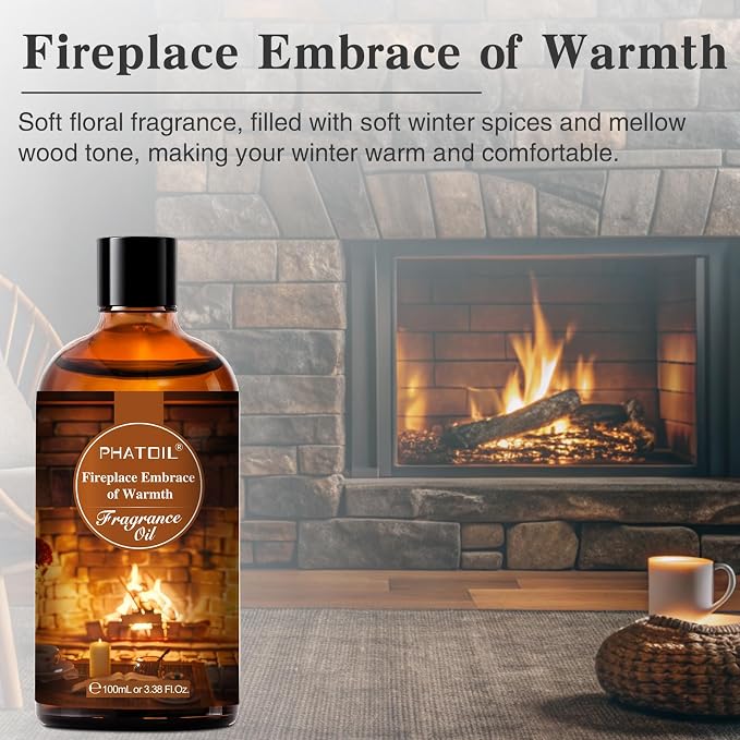 PHATOIL 3.38FL.OZ Fireplace Embrace of Warmth Fragrance Oils for Aromatherapy, Essential Oils for Diffusers for Home, Perfect for Diffuser, Yoga, Skin Care, DIY Candle and Soap Making - 100ml | Long Lasting Scented Oils For Humidifier, Air Freshener, D...