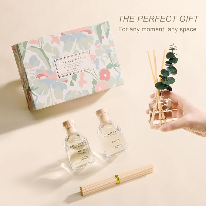 Reed Diffuser Set of 3 with Dried Eucalyptus for Home & Office | Wild Mint & Eucalyptus/White Pine/Cashmere Vanilla Scents, Aromatherapy Scented Oil Diffusers, 1.7 oz Each, Total 5.1 oz