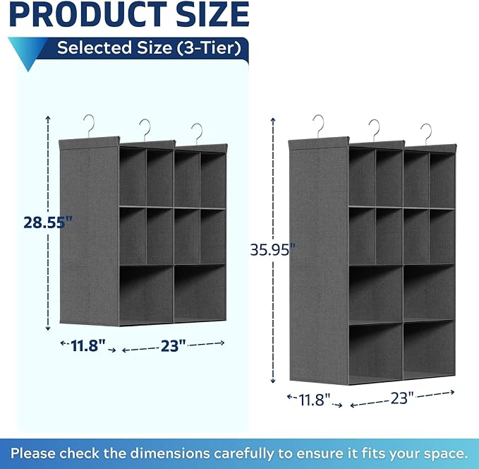 3 Tier Hanging Closet Organizer, 10 Compartments Dual Row Storage, Grey | Closet Organizers and Storage with Large & Small Pockets, 3 Sturdy Hooks Support Heavy Loads, for Dorm, RV, Garment Rack