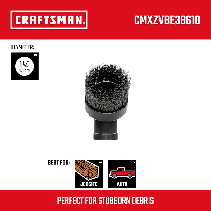 CRAFTSMAN CMXZVBE38610 1-1/4 in. Dusting Brush Wet Dry Vac Attachment | Industrial-Grade Shop Vacuum Accessory for Cleaning Stubborn Debris, Fits 1-1/4 in. Hose Diameter