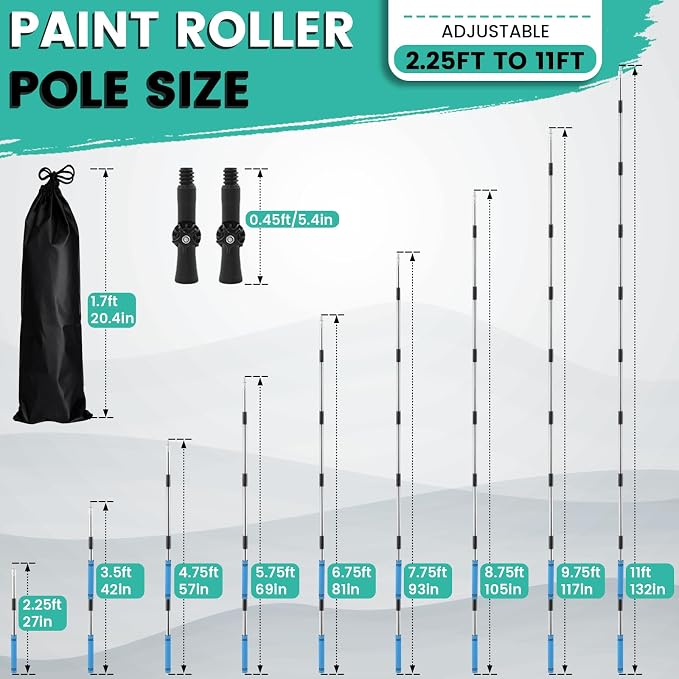 Paint Roller Extension Pole with Swivel,2Ft to11Ft Multi-Purpose Splice Extension Pole Long Handle with 180 Degree Swivel Head Window Squeegee Gutter Cleaning Tools Soft Sponge Handle (Blue)