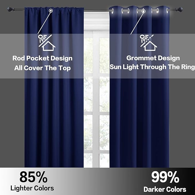 RYB HOME Small Curtains for Kitchen Window - Blackout Privacy Portable Curtain Set for Bedroom Office Bathroom Basement Garage Storage Enclosure RV Bunk, W 34 x L 30 inch, Marine Blue, 2 Pcs