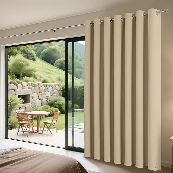 Joydeco Blackout Patio Sliding Door Curtains 84 Inches Long, Grommet Privacy Room Divider Curtains, Extra Wide Thermal Blackout Drapes for Bedroom Living Room (Light Beige, 70Wx84L, 1 Panel)