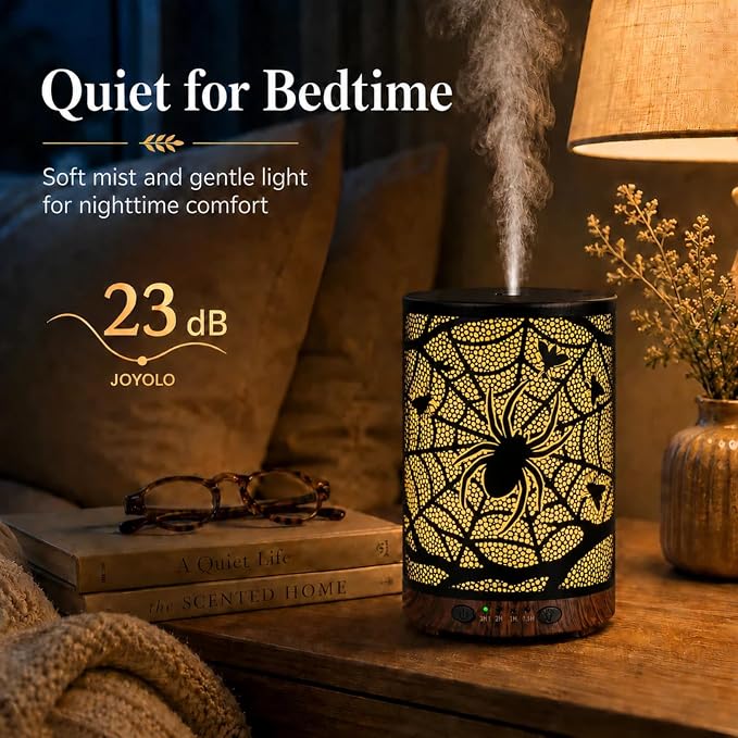 Essential Oil Diffuser 120ML Metal Aromatherapy Diffuser with Timer, Cool Mist Humidifier with Auto Shut-Off & 7 Color Lights for Home Office Spa (Spider Web)