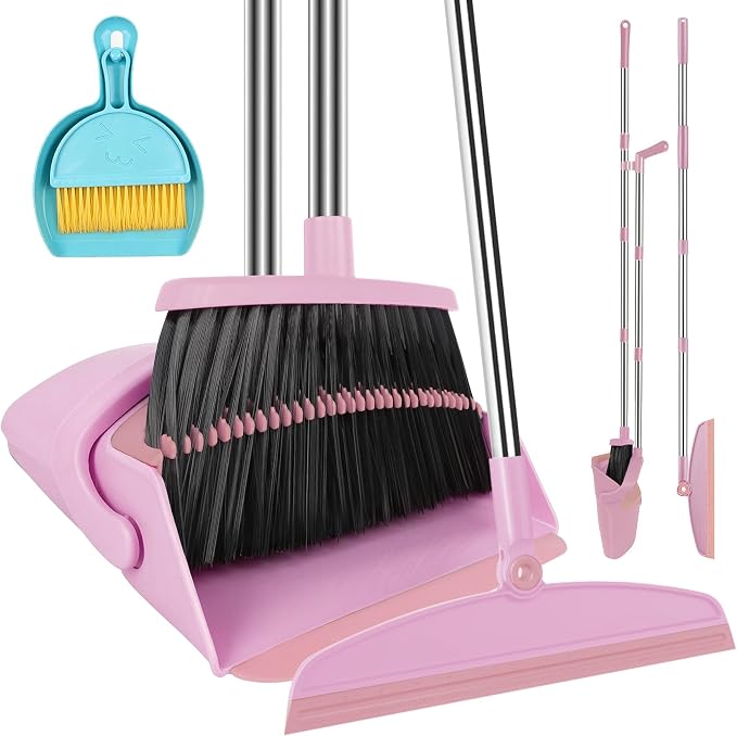 Broom and Dustpan Combo Set, 52" Long Handle with Squeegee & Mini Set | Pink Complete Cleaning Kit, Built-in Comb Dustpan, Floor Squeegee for Wet & Dry Messes, Mini Broom Set，for Home & Pet Areas