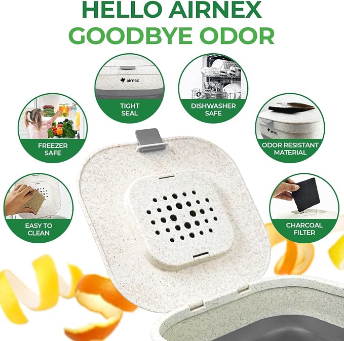 Collapsible Compost Bin Kitchen Counter Caddy - 1 Gallon Countertop Compost Bin with Lid Made of Wheat Straw - Odorless Kitchen Compost Bin Countertop with 20 Compost Bags and 2 Carbon Filters