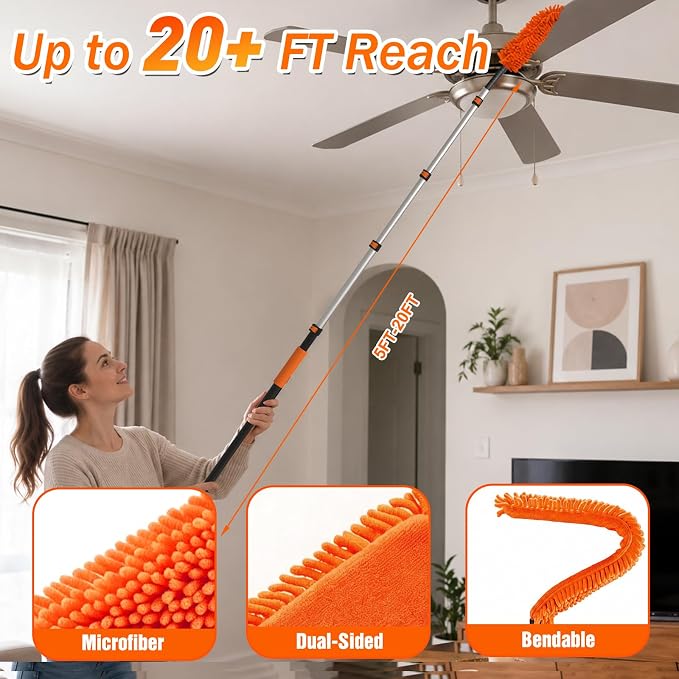 SISUPASSIE 26FT Reach High Ceiling Duster Kit, Window Cleaning kit with 5-20FT Extension Pole, Fan Duster for Ceiling Fan Blades, Microfiber Feather Duster, Rotatable Window Squeegee and Cobweb Duster