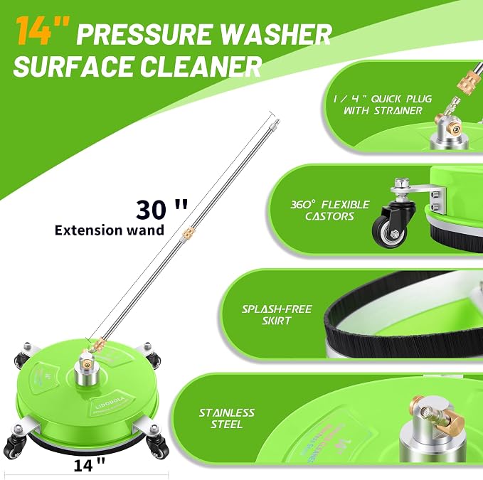 LidoDola 14'' Pressure Washer Surface Cleaner Green, Power Washer Accessory | Stainless Steel Housing with 4 Wheels, 1/4" QC, 2 Extension Wands & 2 Replacement Nozzles, for Gas & Electric Pressure Washer