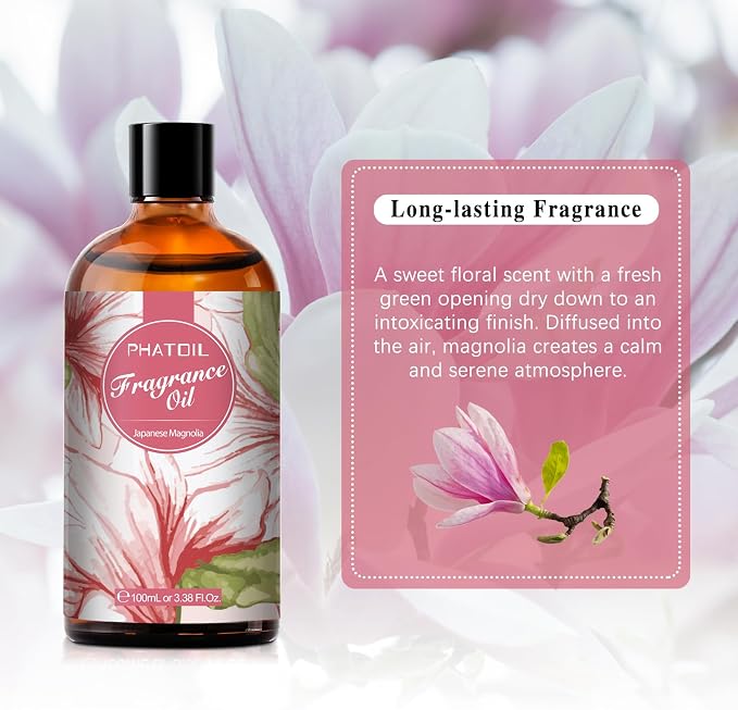 PHATOIL Japanese Magnolia Fragrance Oil for Diffuser Aromatherapy 3.38FL.OZ | Long Lasting Scented Oils For Humidifier, Air Freshener, DIY Soap Candle, Scent Project Making, Aroma Oil for Home Freshening