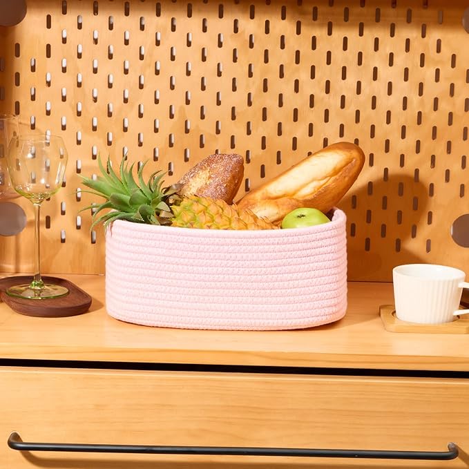 Small Storage Baskets for Organizing | Closet Organizer Bins | Shelf Toy Basket | Woven Rope Baskets | Cube Decorative Box | Shallow Basket | 11.5x7.5x4.7” | 3 Packs Light Pink
