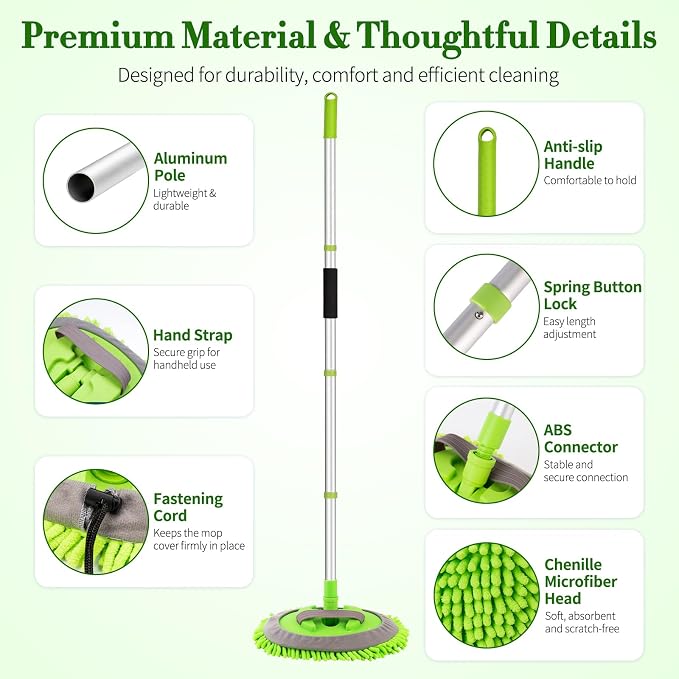 62" Car Wash Brush kit with Long Handle & 3 Scratch-Free Refill Mitt | Chenille Microfiber Car Washing Mop Head, Car Wash Stick, Car Brush Clean Kit, Car Cleaning Supplies for RV Truck Boat, Green