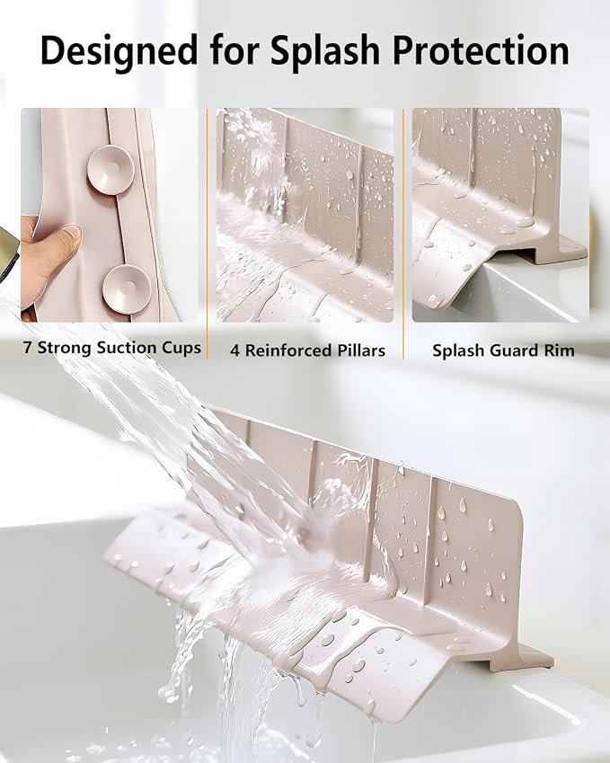 23 Inch Silicone Sink Splash Guard - Kitchen Sink Water Splash Guard with Strong Suction Cups, Removable Splash Guard for Sink, Washbasin & Bathtub - Creamy Apricot