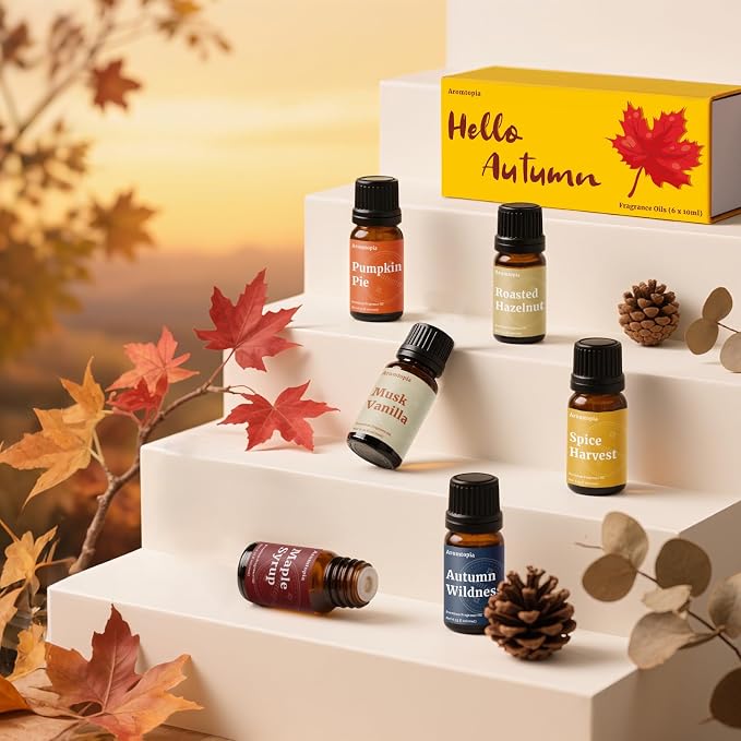Diffuser Essential Oils, Aromtopia Fall Fragrance Oil for Candle Making, Essential Oils for Diffusers for Home, 6x10ml Autumn Set, Soap Making Scents, Pumpkin Pie, Musk Vanilla, Autumn Wildness, More