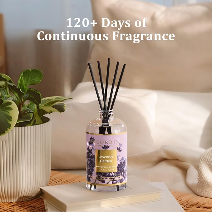 Reed Diffuser Refill Lavender Garden 17oz (500ml) with 8 Rattan Sticks - Premium Long-Lasting Scented Oil, Home Fragrance for Bedroom, Bathroom Home Decor