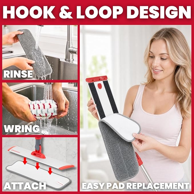 18” Professional Microfiber Mop for Floor Cleaning on Hardwood Floors | 4 Washable Mop Pads, Aluminum Alloy Flat Mop Head, Wet & Dry Use, 62" Long Handle, Pad Cleaning Scraper