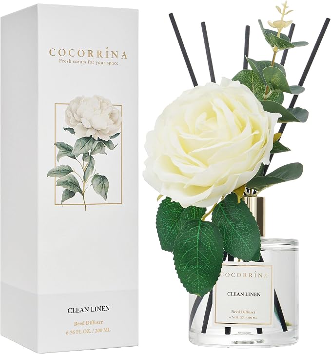 Flower Reed Diffuser - Clean Linen 6.7oz Scented Diffuser with Sticks Home Fragrance Essential Oil for Bathroom Shelf Decor (Artificial Flower)