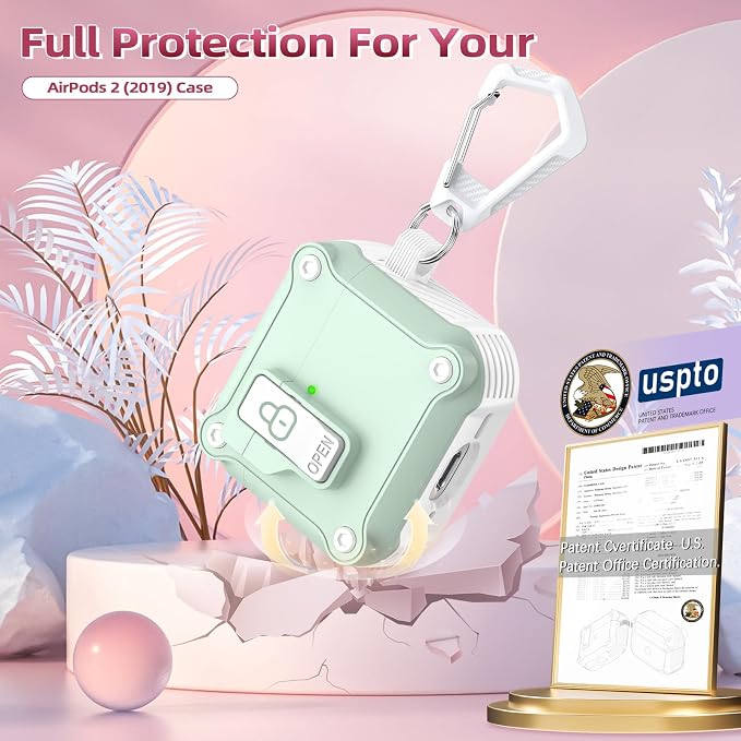 R-FUN for AirPods 4 Case with Lock Magnetic Lid MagSafe, White Mint Grn | Compatible with Apple AirPods 4th Generation Protective Case with Cleaner Kit & Carabiner, Powerful Drop Protection