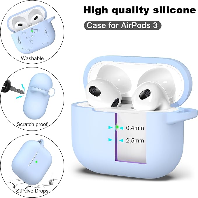 R-fun Compatible with AirPods 3 Case Cover, Silicone Protective Accessories Skin with Keychain Compatible with Apple AirPod 3rd Generation 2021 for Women Men Girls Boys,Front LED Visible,Sky Blue