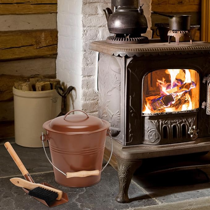 Mini Ash Bucket with Lid, Fireplace Ash Bucket - Copper | 1.5-Gallon Ash Bucket With Lid and Shovel and Hand Broom, Metal Ash Bucket for Fireplace, Fire Pit, Wood Stove