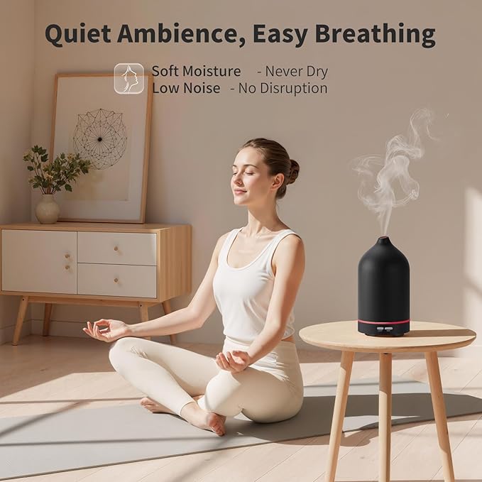 URPOWER 120mL Ceramic Essential Oil Diffuser Quiet Diffusers for Home | Sleek Ceramic Design with Ultrasonic Mist, 2 Mist Modes and Ambient LED Lighting Brings Comfort to Your Daily Routine