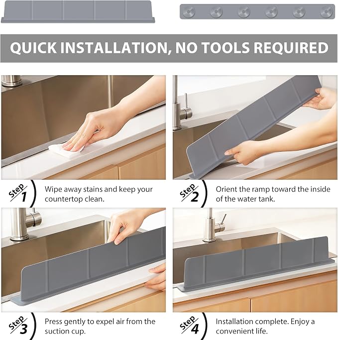 20Inch Silicone Sink Splash Guard with Strong Suction Cups, Flexible Kitchen Sink Splash Guard for Front of Sink, Easy to Clean Splash Guard for Kitchen & Bathroom (Dark Grey, 20.5''x2.8'')