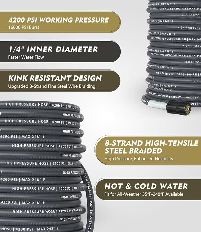 Pressure Washer Hose 50 ft, 4200 PSI Flexible & Kink-Resistant, Steel-Braided & Durable, High Power Washer Hose with M22-14mm Stainless Steel Plug, Hot/Cold Water Compatible - 50 Foot, Gray
