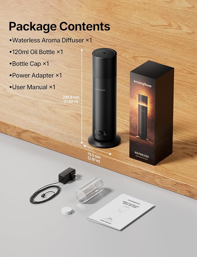 Waterless Essential Oil Diffuser with App Control for Home, Black | Up to 1100 sq ft Coverage, Cold Air, Nightlight, 120mL, Smart Schedules, Scent Air Machine for Home & Commercial Spaces