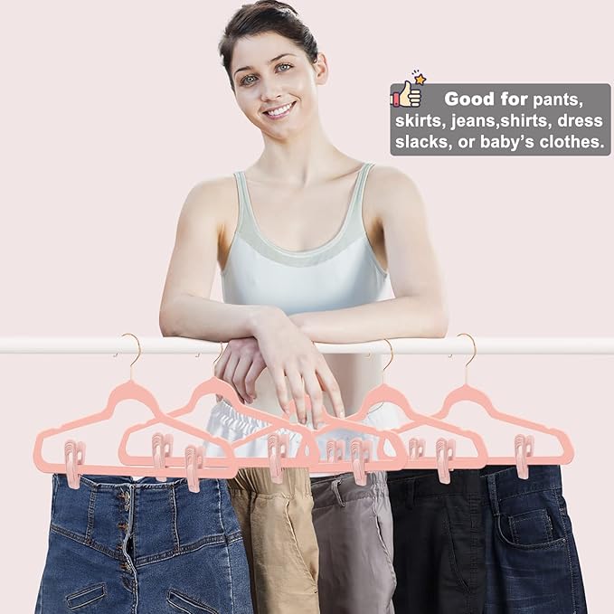 Light Pink Velvet Hangers Clips 40 PCS, Non-Slip Finger Clip for Pants Suit Skirt Velvet Hanger, Strong Flocking Hangers Clips