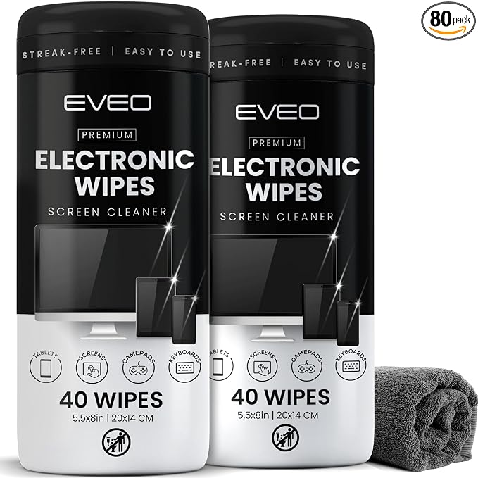 Electronic Wipes Screen Cleaner Streak-Free [2 Pack x40] Computer Screen Wipes, TV Screen Cleaner Wipes, Monitor Wipes for Smart TV, Laptop, iPhone, ipad and more - [Microfiber Cloth + 80 Wipes]