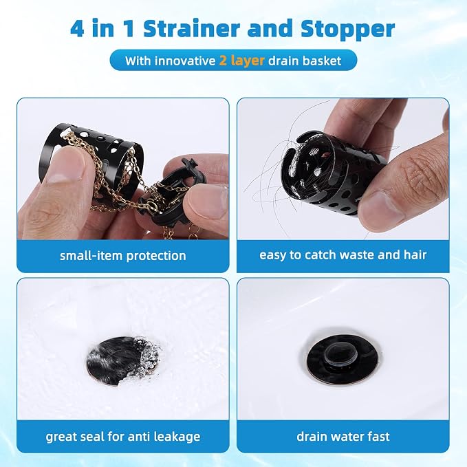 2PCS Universal Bathroom Sink Drain Strainer Hair Catcher, Oil Rubbed Bronze | Upgraded with 2-Layer Detachable Filter Basket, 4 in 1 Pop Up Drain Strainer, Anti-Clog, Fit for 1.1''~2.36'' Sinks