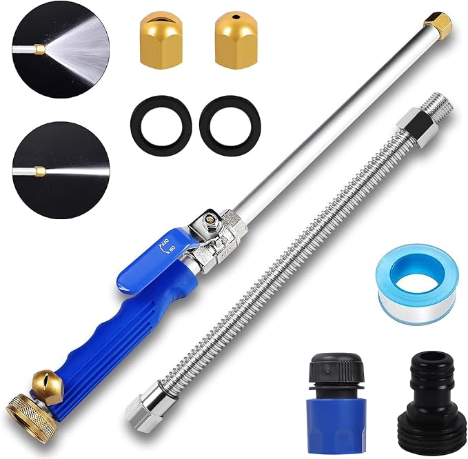 High Pressure Power Washer Wand, Upgraded Watering Sprayer Cleaning Tool | Hydro jet water hose nozzle with 2 different nozzles, quick connect flexible wand, for gutter, patio, car, pet, window