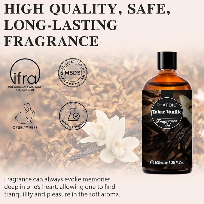 PHATOIL Tabac Vanille Fragrance Oil for Diffuser Aromatherapy 3.38FL.OZ | Long Lasting Scented Oils For Humidifier, Air Freshener, DIY Soap Candle, Scent Project Making, Aroma Oil for Home Freshening