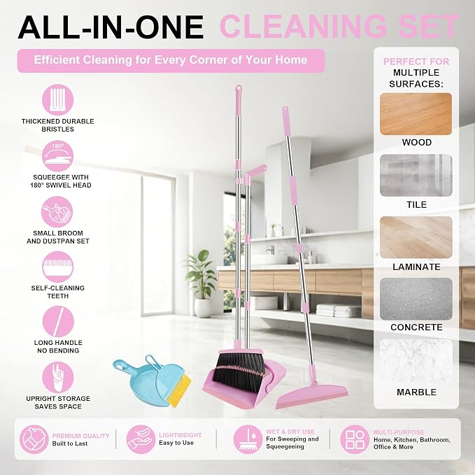 Broom and Dustpan Combo Set, 52" Long Handle with Squeegee & Mini Set | Pink Complete Cleaning Kit, Built-in Comb Dustpan, Floor Squeegee for Wet & Dry Messes, Mini Broom Set，for Home & Pet Areas