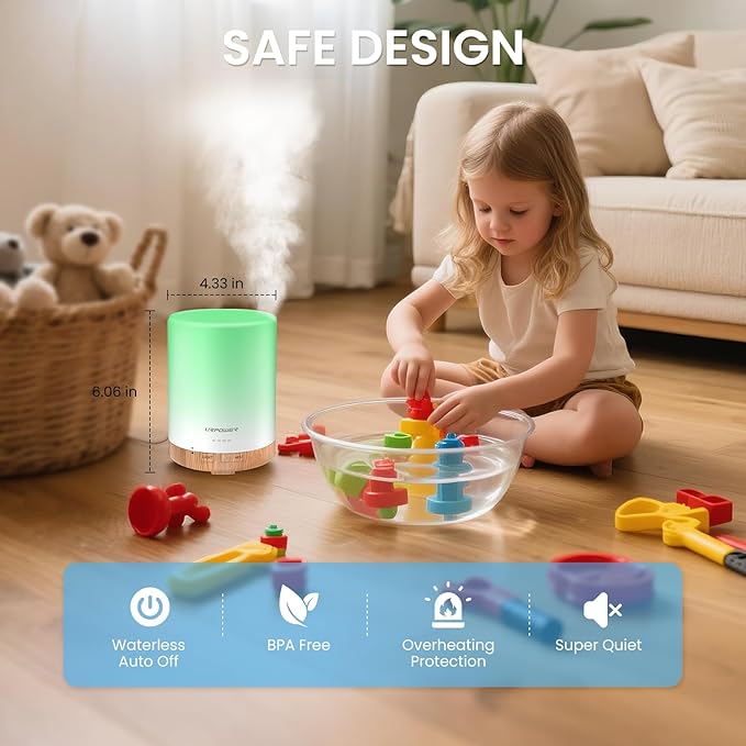 URPOWER 300mL Essential Oil Diffuser Ultrasonic Aromatherapy Diffuser | Quiet Diffuser with Auto-off Protection, 7-Color LED Light & 4 Timer Settings Humidifier for Yoga Bedroom Living Room Office