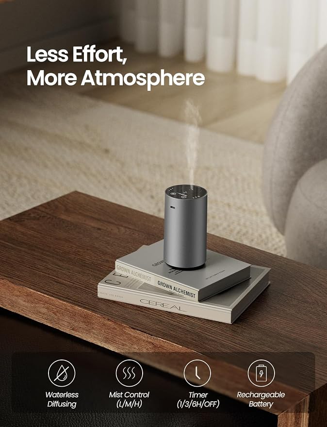 Waterless Essential Oil Diffuser, Rechargeable Car Scent Diffuser, Grey | Premium Aluminum Alloy Housing, Cordless, 3 Mist Levels, Timers, Portable Aromatherapy Diffuser for Home, Car & Office