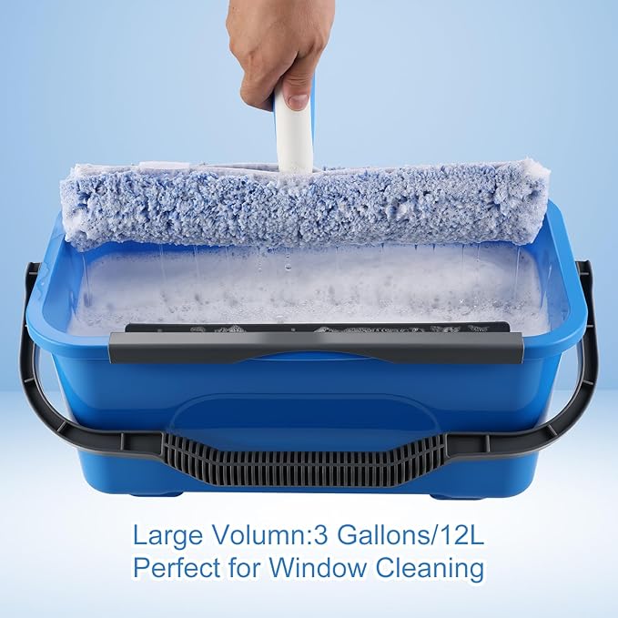 Window Cleaning Kit with Bucket 3 Gallon for Home Outdoor Car | Professional Window Washing Equipment, 14'' Silicone Squeegee, 14'' Microfiber Scrubber, Cloth, Commercial Use