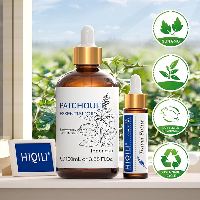 HIQILI Patchouli Essential Oil for Diffuser,Skin Care&Hair Nourishment | Soothes Skin,Nourishes Hair,Fits Diffuser Aromatherapy&DIY Perfume,Great Gift Option,Large Capacity-100mL/3.38 fl.oz