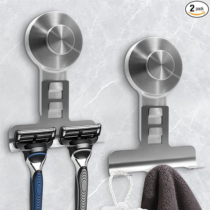 Suction Cup Razor Holder for Shower Wall 2 Pack,Heavy-Duty 15lbs Suction Hooks for Razor,Towel,Phone,Loofah, Removable Damage-Free Metal Shower Hook,Shaver Holder(Silver)