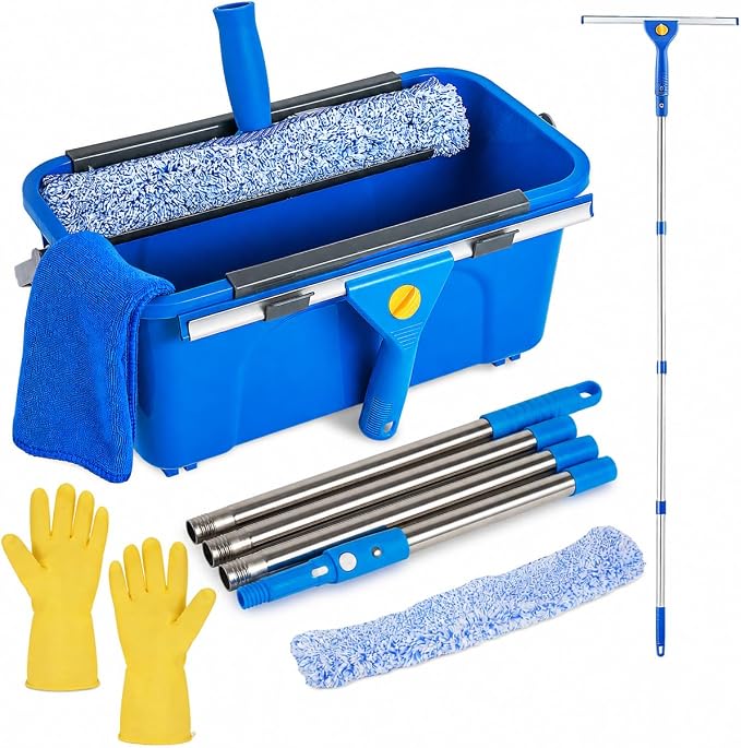 Professional Window Cleaning Kit, Window Washing Kit with 3 Gallon Bucket, 14-Inch Squeegee, 15-Inch Scrubber, 61-Inch Extendable Pole, Set of Window Cleaning Equipment for Home & Commercial Use
