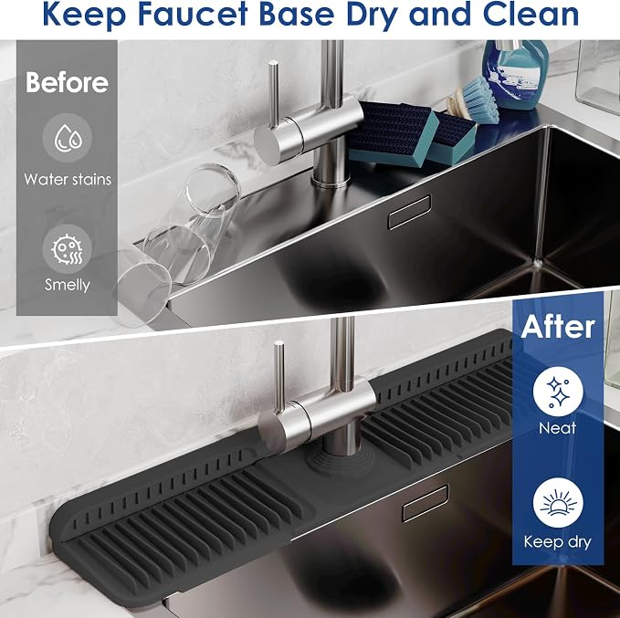 24 Inch Silicone Faucet Mat for Kitchen Sink Splash Guard - 7° Slope Upgraded Water Draining Mat with Fasten Button for Bathroom Area (Black, 24''x5.5'')