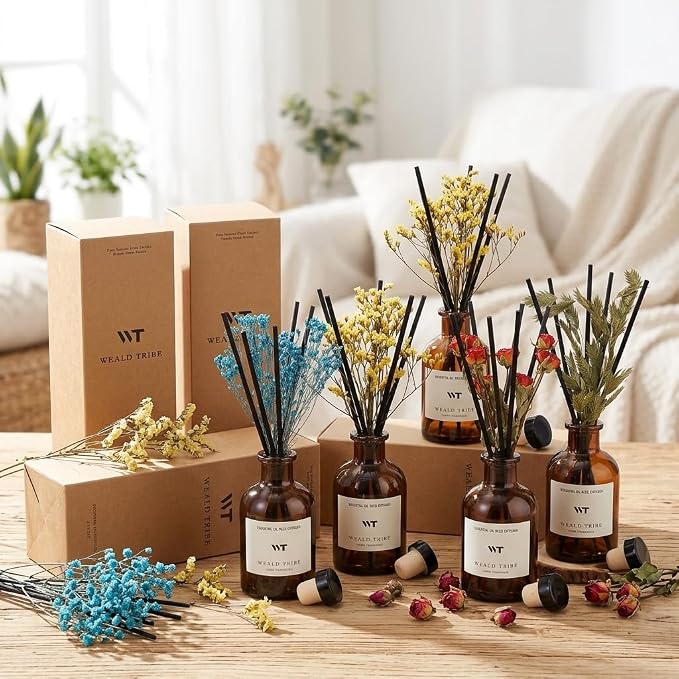Reed Diffuser Set for Bathroom Air Fresheners, Oil Diffuser Sticks with Flower | Lemongrass Scent 4.0 fl oz Home Fragrance with Sticks Defusers | House Bedroom Office Shelf Decor