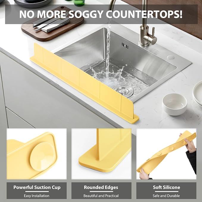 28Inch Silicone Sink Splash Guard with Strong Suction Cups, Flexible Kitchen Sink Splash Guard for Front of Sink, Easy to Clean Splash Guard for Kitchen & Bathroom (Yellow, 28''x2.8'')