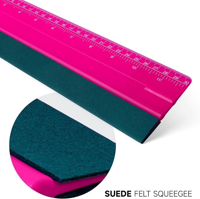 FOSHIO Professional Squeegee for Vinyl, Decals, Sticker Paper, Wallpaper, Window Film, Craft, Suede Felt Squeegee Smoothing Tool with Ruler, Pink (12 inches)