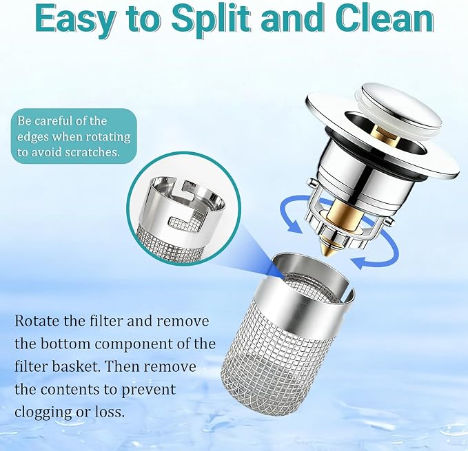 Bathroom Sink Drain Strainer, Pop-Up Sink Stopper Hair Catcher, Anti-Clog with Removable Stainless Steel Filter Basket, Universal for US Standard Drain Stopper Replacement (Silver, 2pcs)